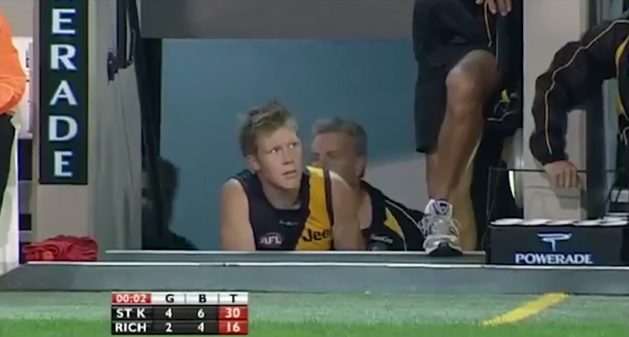Jack Riewoldt crawls up the MCG stairs asking to get back into Richmond's game against St Kilda.