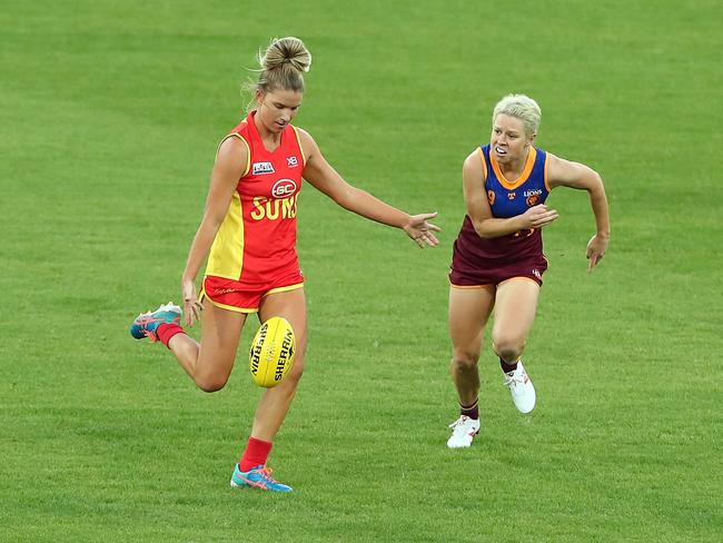 Paige Parker of the Suns kicks during the AFLW Winter Series match between the Gold Coast Suns and the Brisbane Lions at Metricon Stadium on July 14, 2018 in Gold Coast, Australia. Picture: Chris Hyde, Getty Images.