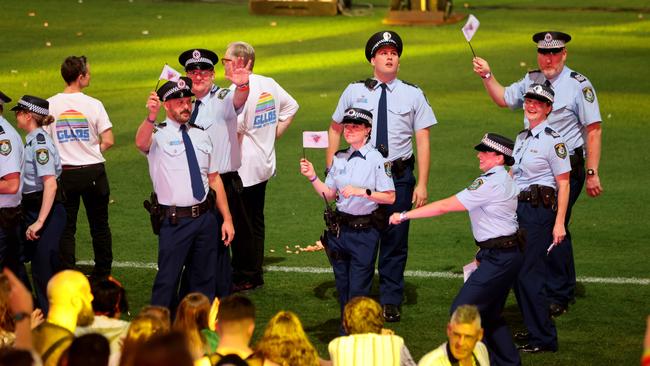 MARCH 5, 2022: NSW Police officers take part in the Sydney Gay and Lesbian Mardi Gras Parade, SCG, Moore Park. Picture: Damian Shaw