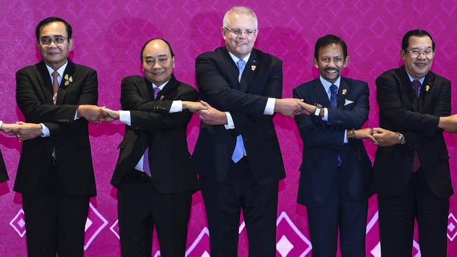 Prime Ministers during the East Asia Summit in Bangkok last year. From Thailand, Prayut Chan-o-cha, from Vietnam, Nguyen Xuan Phuc and Australia, Scott Morrison, among other leaders. Picture: AAP