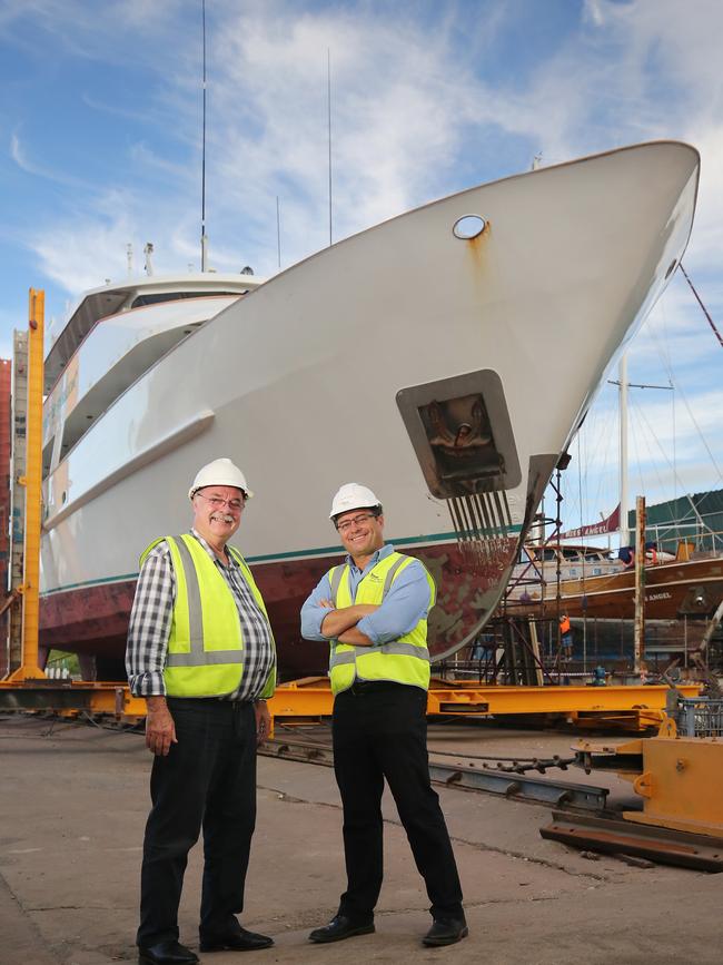 After losing the bid to build Australia's new Pacific patrol boats to Fremantle, Cairns leaders created a master plan for the shipping industry that would help position the city as Australia's leading port for maintenance work. Member for Leichardt Warren Entsch, left, and managing director of BSE Slipways Justin Parer at BSE Slipways' shipyard in Portsmith, 2016. Picture: Brendan Radke