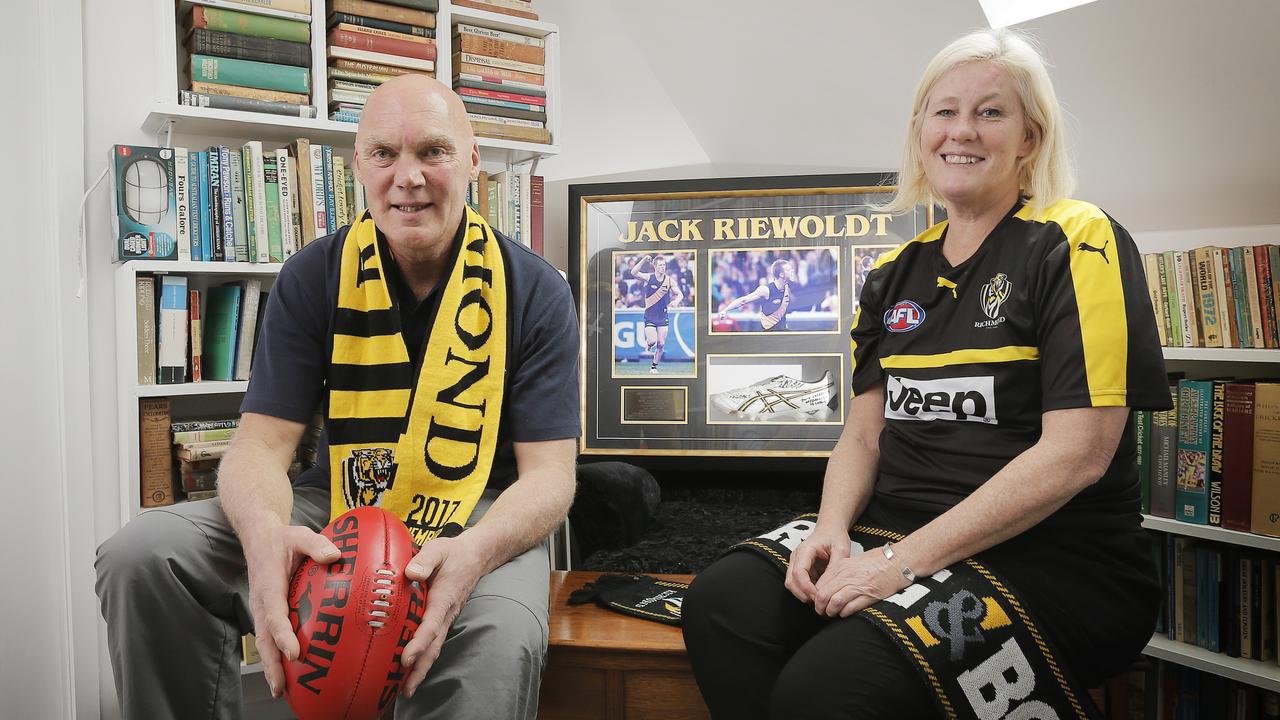 Chris and Lesley Riewoldt before son Jack played a crucial role in Richmond’s 2017 premiership win over Adelaide. Picture: MATHEW FARRELL Picture: MATHEW FARRELL