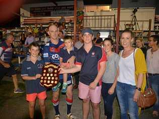 The presentation of the Basil Nolan Memorial Shield (from left) James Nolan, Warwick captain Mick Bloomfield, William, Basil, Lily and Natalie Nolan after a Cowboys 22-18 win in A grade. Picture: Gerard Walsh