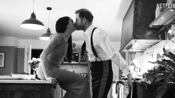 Prince Harry and Meghan Markle inside their former home Frogmore Cottage in a scene from Harry & Meghan. Picture: Netflix