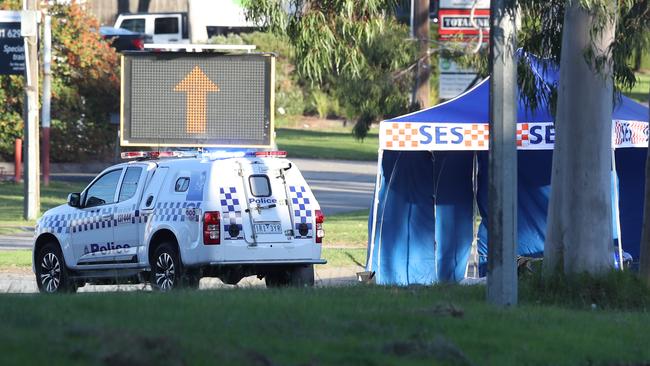 Police and SES officers are at the scene of a fatal accident on Wellington Rd in Clayton. Picture: David Crosling