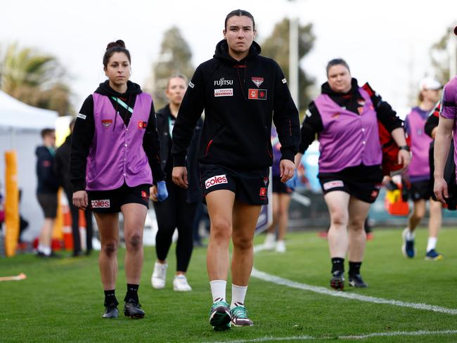 MELBOURNE, AUSTRALIA - AUGUST 31: Bonnie Toogood of the Bombers is seen after exiting the match during the 2024 AFLW Round 01 match between the Essendon Bombers and the Fremantle Dockers at Windy Hill on August 31, 2024 in Melbourne, Australia. (Photo by Michael Willson/AFL Photos via Getty Images)