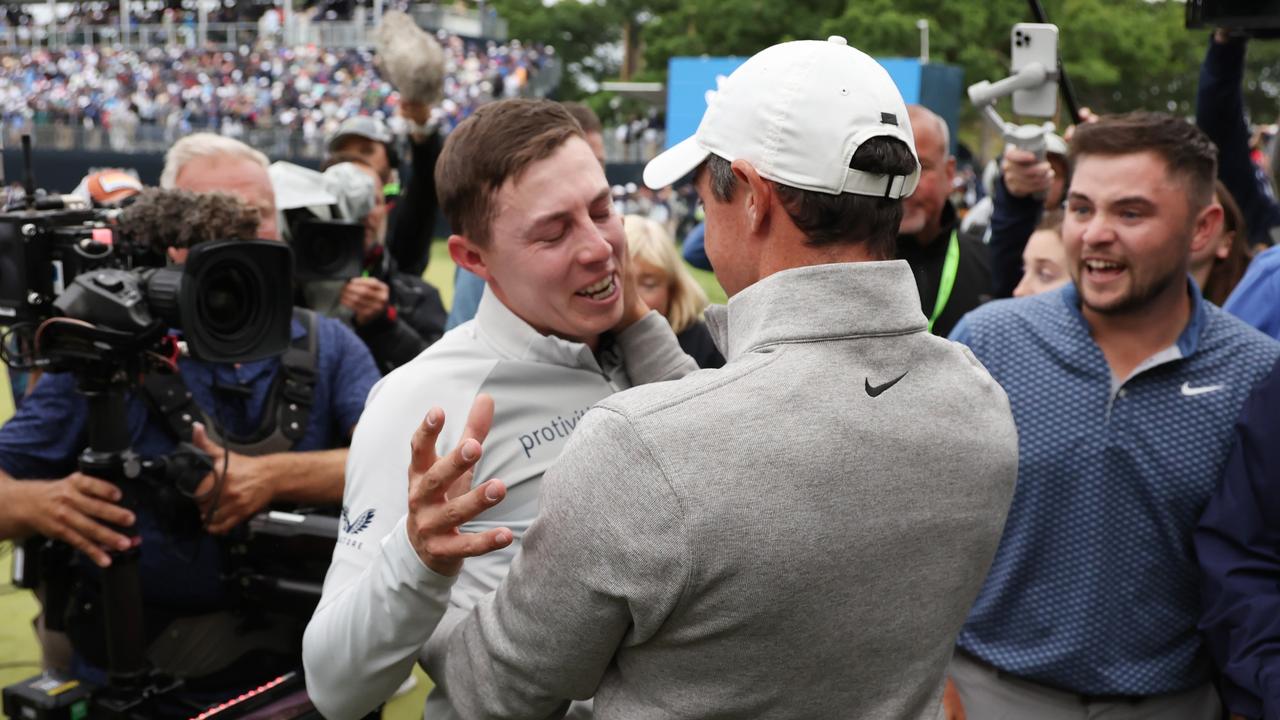 Matt Fitzpatrick and Rory McIlroy moments after the former won the US Open.