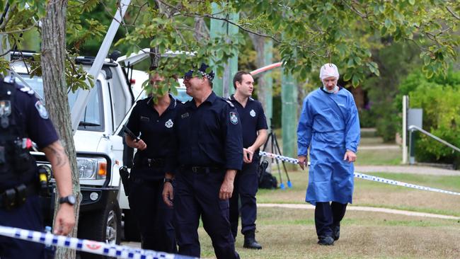 Police on scene at a Kallangur home where a body was found in the yard. Picture: David Clark