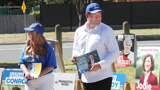 Liberal candidate Nathan Conroy with his wife Steffie Conroy. Picture: NCA NewsWire / David Crosling