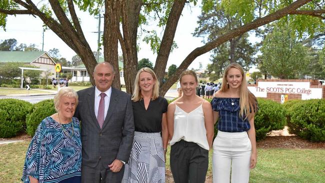 PROUD LEADER: Scots PGC principal Kyle Thompson (second from left), with mum Olive, wife Janine and daughters Sarah and Lauren after his induction ceremony last week. Picture: Contributed