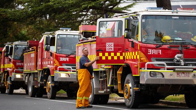 Fire crews prepare to defend Beaufort during the Bayindeen fire. Picture: Mark Stewart