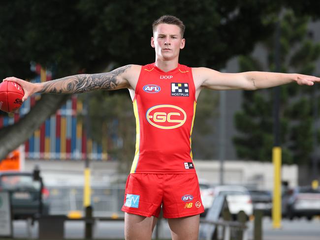 Bailey Humphrey emulates Dustin Martin’s iconic wingspan pose ahead of the 2023 season. Picture: Glenn Hampson.