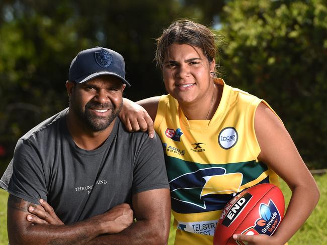 13/12/19 - Lakeesha Pickett, who is the daughter of dual AFL premiership star Byron Pickett, has just been named in the SA under-18 women's footy team. She is also part of Woodville-West Torrens' under-17 team. Byron and Lakeesha at Woodville Oval. Picture: Naomi Jellicoe