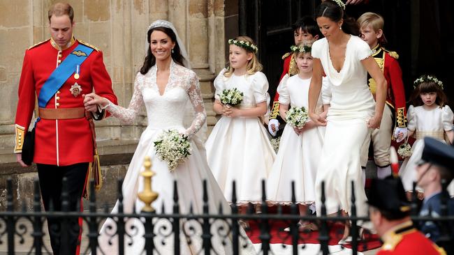 Prince William and Princess Catherine leaving Westminster Abbey after their royal wedding followed by Maid of Honour Pippa Middleton with pageboys Master William Lowther-Pinkerton, Master Tom Pettifer and bridesmaids The Lady Louise Windsor. Picture: Getty Images