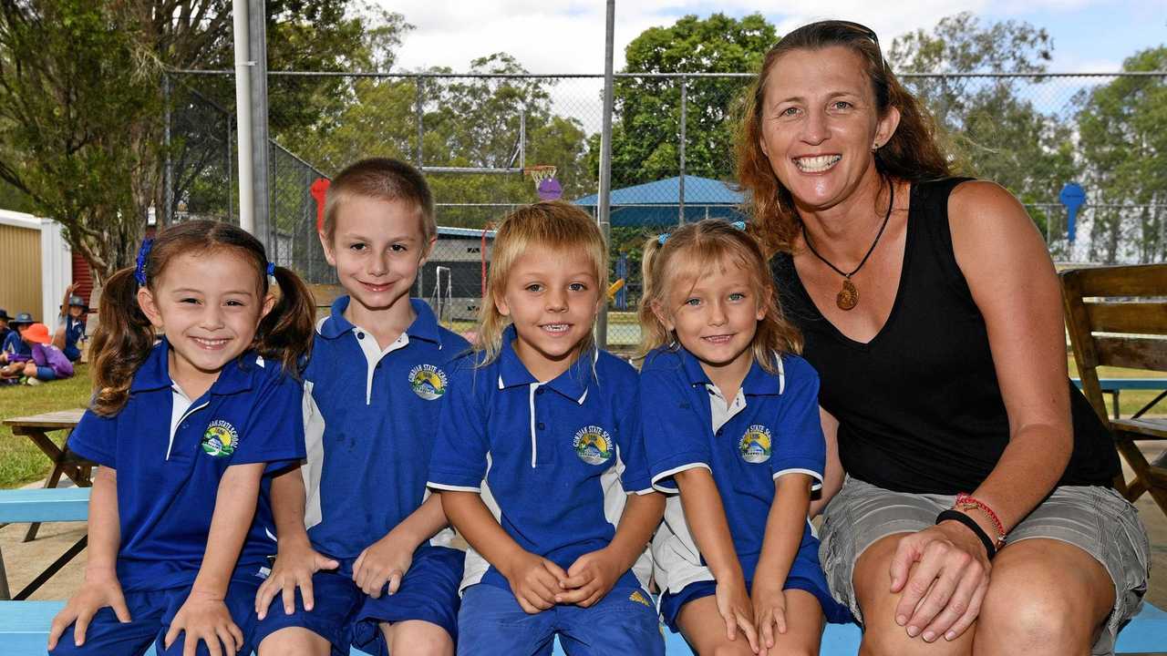 Gundiah State School Preppies: Ms Jodie NorrisL-R Prep StudentsJade Hill, Leon Cheers, Kane Davis and Bonnie Wilson. Picture: Troy Jegers