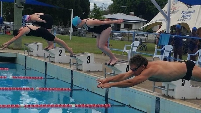 Grafton Services Swim Club member Damien O'Mahony dives in off the blocks in the 45-49 years 50m freestyle championship.