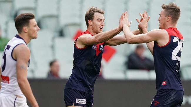 Tom Smith and Tom McDonald were dual threats up forward for Melbourne. Picture: Michael Dodge/Getty Images.