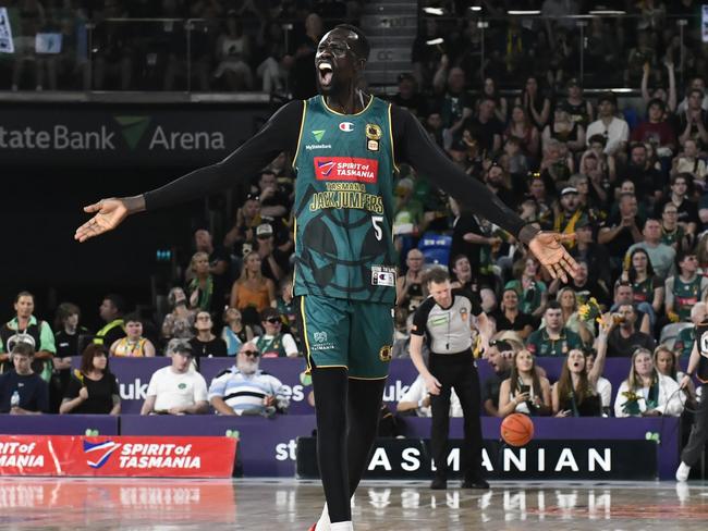 HOBART, AUSTRALIA - JANUARY 10: Majok Deng of the Jackjumpers pumps up the crowd during the round 16 NBL match between Tasmania Jackjumpers and Adelaide 36ers at MyState Bank Arena, on January 10, 2025, in Hobart, Australia. (Photo by Simon Sturzaker/Getty Images)