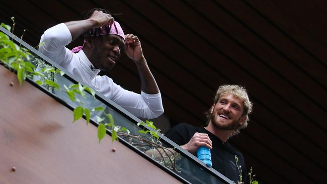 WWE Fighter, Singer and Influencer KSI and Logan Paul wave to fans on balcony at the Today Show Studios in North Sydney. Picture: NCA NewsWire/ Gaye Gerard.