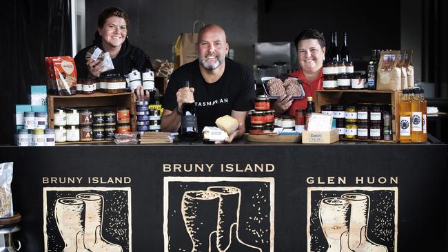 Bruny Island Cheese and Beer Company General Manager Tori Keygan, Bruny Island Cheese and Beer Company CEO and founder Nick Haddow and Huon Valley Meat Company CEO Bec Lynd at the new pop up store in Argyle St, Hobart. PICTURE: Chris Kidd