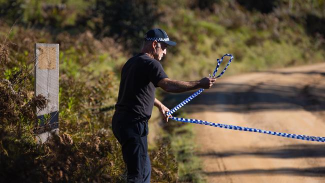 Police tape off McMillans Rd, off Dargo High Plains Rd. Picture: Jason Edwards