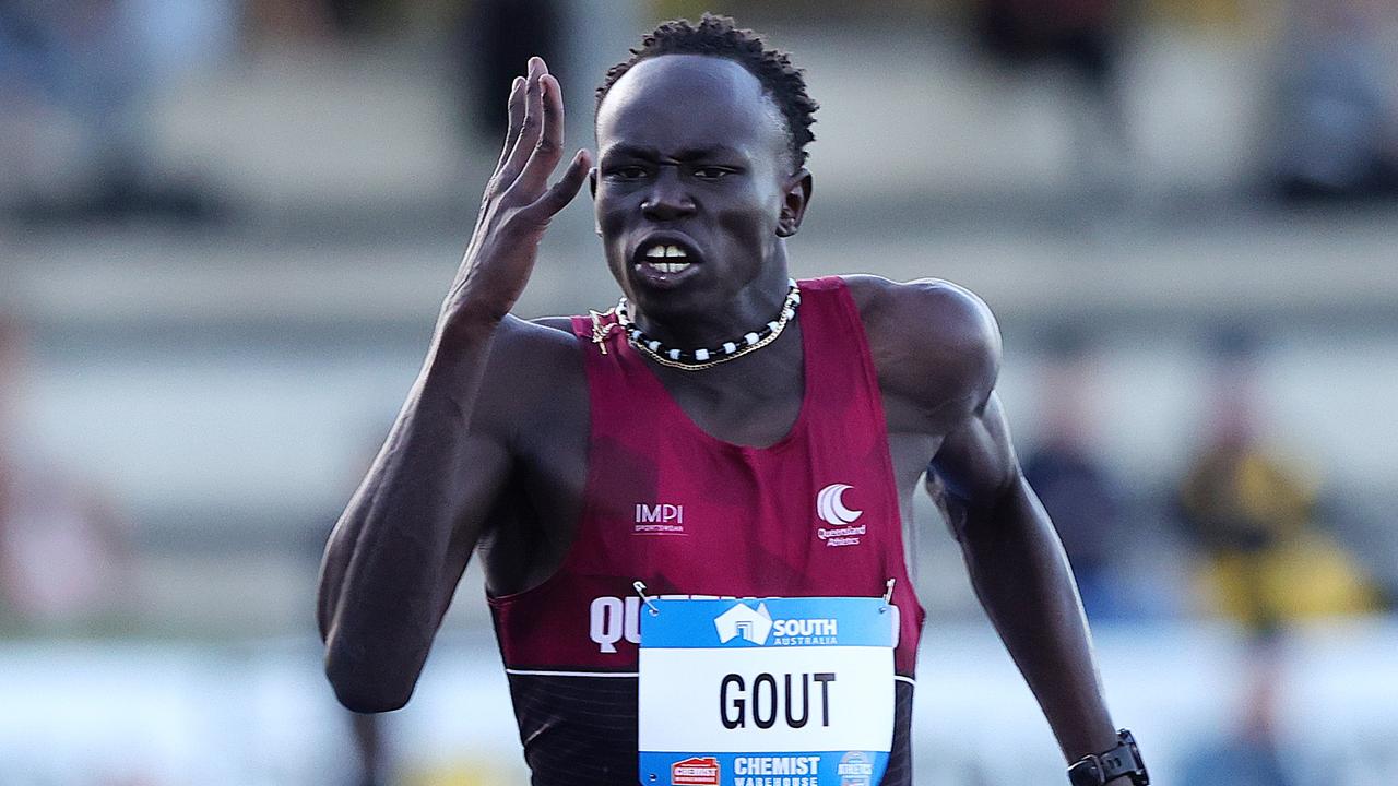 ADELAIDE, AUSTRALIA - APRIL 11: Gout Gout of Queensland winning the mens u20 100m during the 2024 2024 Australian Athletics Championships at SA Athletics Stadium on April 11, 2024 in Adelaide, Australia. (Photo by Sarah Reed/Getty Images)