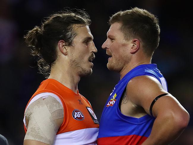 GWS Giants Phil Davis and Western Bulldogs Jack Redpath face-off. Pic: Michael Klein