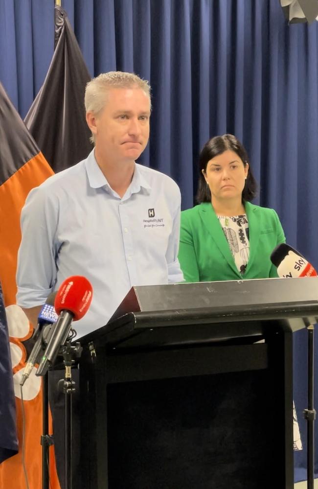 Hospitality NT chief executive Alex Bruce speaking to the media after the Territory government on Wednesday announced a string of new measures to make the Territory safe again. Picture: Annabel Bowles