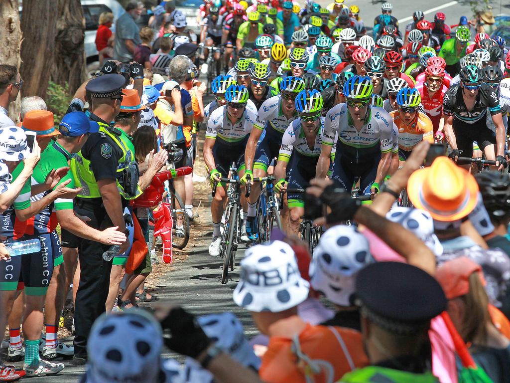 Orica-GreenEDGE lead the peloton up King of the Mountain.