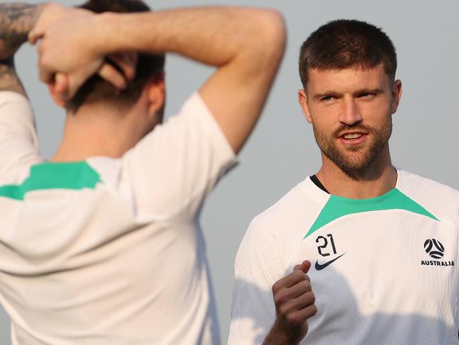 DOHA, QATAR - JANUARY 16: Cameron Burgess of Australia is seen during an Australia Socceroos training session ahead of the the AFC Asian Cup at Qatar University Field 11 on January 16, 2024 in Doha, Qatar. (Photo by Robert Cianflone/Getty Images)