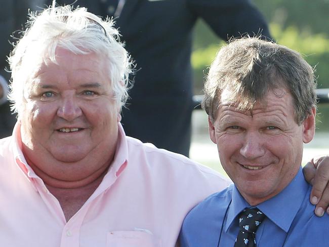 Mishani Warrior owners Patty and Mike Crooks, trainer Les Ross and jockey Brad Stewart. Brad Stewart wins race 7 on Mishani Warrior. Action at Eagle Farm race course in Brisbane. Pic Peter Wallis