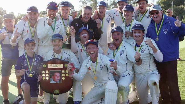 FTGDCA: Ferntree Gully celebrates its first back-to-back crown in its top grade since 1994. Picture: Dione