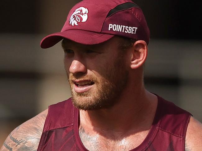 SYDNEY, AUSTRALIA - APRIL 16: Matthew Lodge of the Sea Eagles looks on during a Manly Sea Eagles NRL training session at 4 Pines Park on April 16, 2024 in Sydney, Australia. (Photo by Matt King/Getty Images)