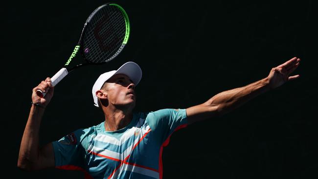 Alex de Minaur serves during his US Open men’s singles fourth round victory over Vasek Pospisil of Canada. Picture: Getty Images