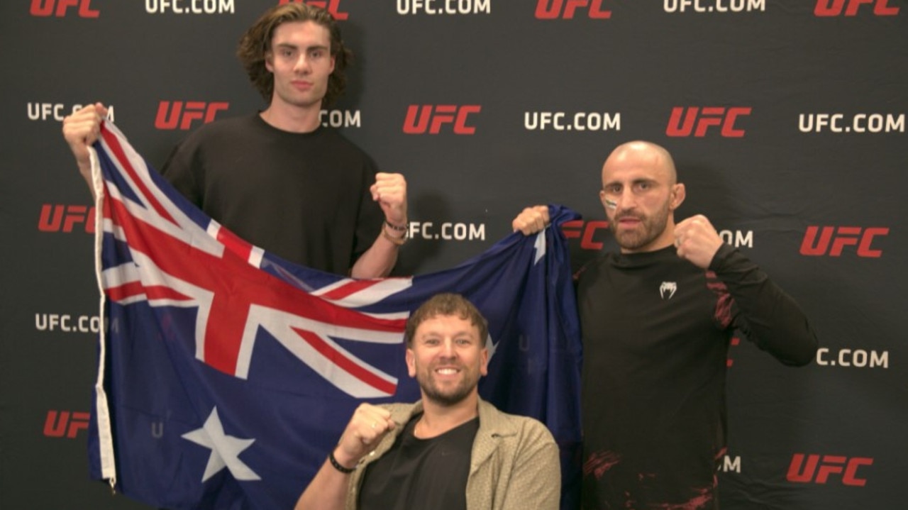 Josh Giddey, Dylan Alcott and Alex Volkanovski at UFC 290. Photo: Supplied.