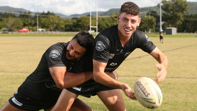 Mudgeeraba Redbacks A-Grade players Kyle Williams (with ball) and Jesse Malcolm-Dinsdale at Firth Park ahead of the opening round of the RLGC season. Picture Glenn Hampson