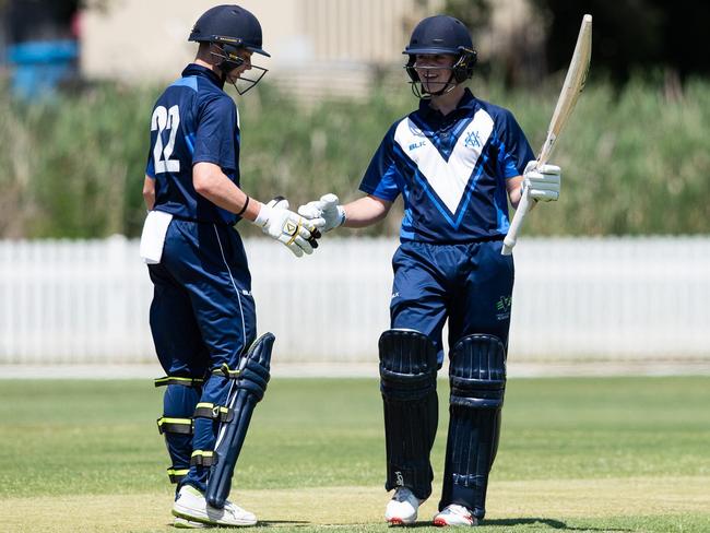 Jake Fraser-McGurk raises his bat after making a ton for Vic Metro. Picture: Cricket Australia