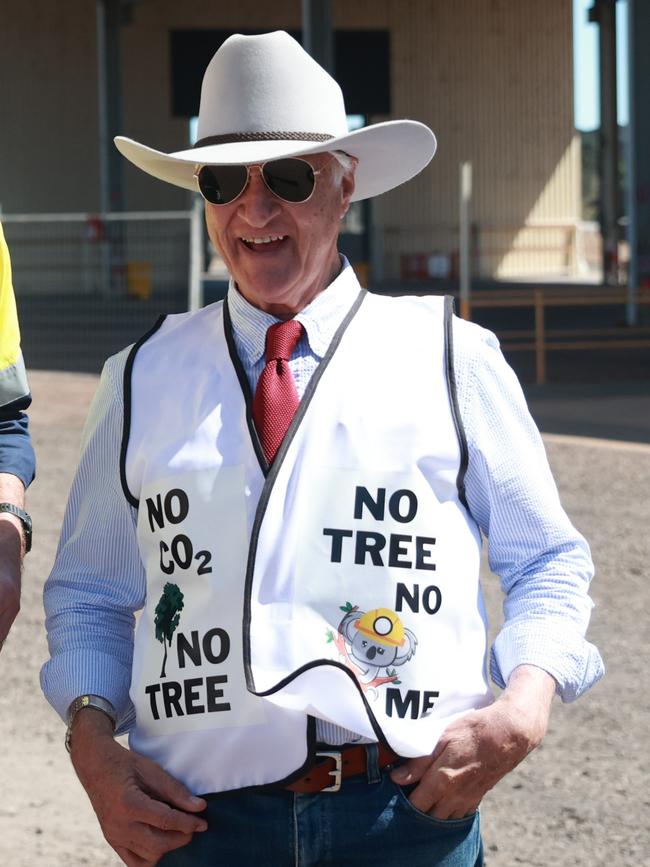 Federal MP (and apparently, part-time fashion designer) Bob Katter models the pro-coal vest he designed, at the opening of a mine in regional Queensland on Thursday.