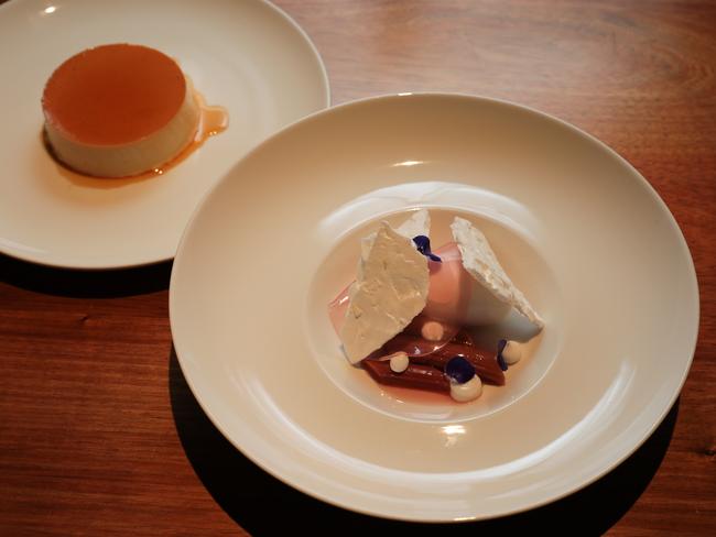 Landscape’s creme caramel and coconut sorbet, roasted rhubarb and meringue. Picture: Mireille Merlet