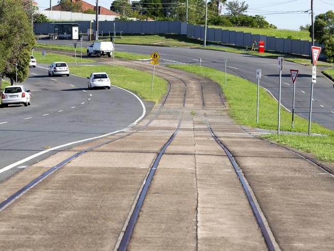 Former Belmont tram tracks along Old Cleveland Road, Carina. Picture: AAP Image/Richard Walker