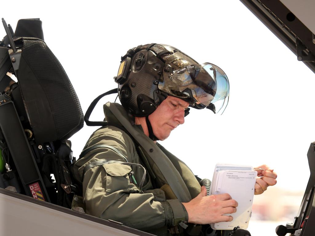 Australian Pilots training in the F35 fighter Jets Luke Airforce Base in Phoenix Arizona. Squadron leader call sign “Belly” before a flight. Picture: Nathan Edwards