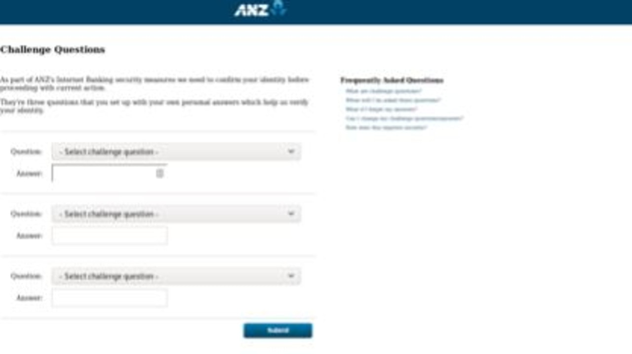 Users are redirected to a page that simulates a blocked account scenario with three challenge questions to be answered