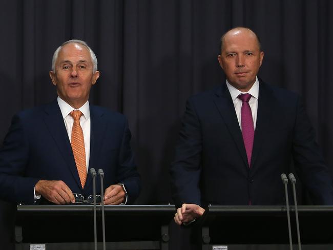 Mr Turnbull with Minister for Immigration Peter Dutton holding a press conference at Parliament House in Canberra today. Picture: Kym Smith