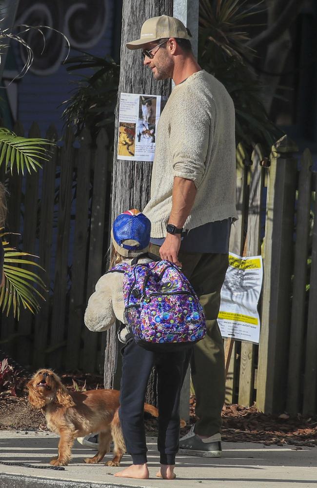 Chris Hemsworth spotted with his kids after school, before the Byron Bay’s lockdown began. Picture: Media-mode.com