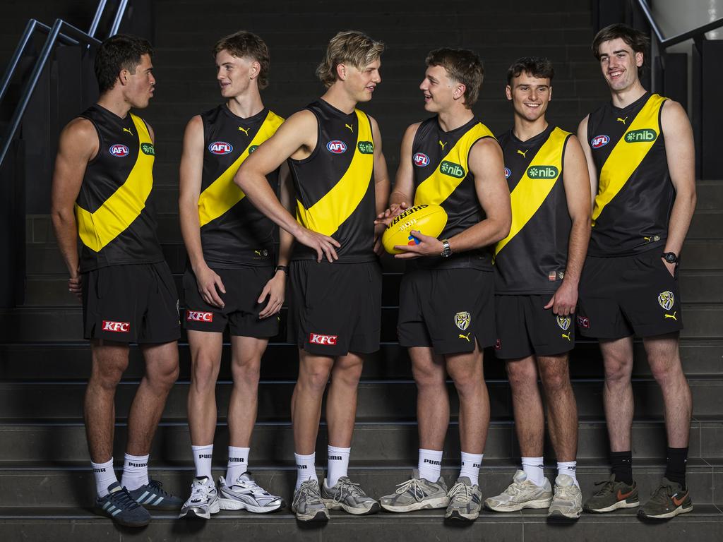 Richmond’s first-round draft haul (L-R) Harry Armstrong, Luke Trainor, Josh Smillie, Sam Lalor, Taj Hotton and Jonty Faull. Picture: Daniel Pockett/Getty Images