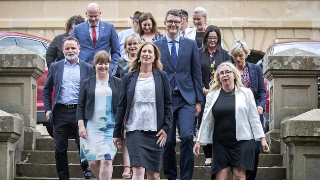 Tasmanian Labor Leader Rebecca White after announcing new Shadow Minister for Health Bastian Seidel and Shadow Minister for child Safety and workplace relations Sarah Lovell at Hobart. Picture: Chris Kidd