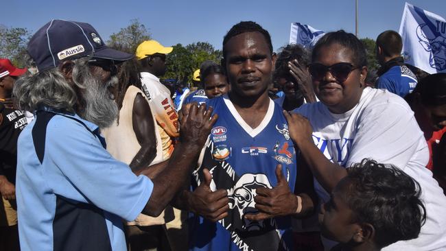 Michael Lorenzo following the win in the Tiwi Island Football League grand final between Tuyu Buffaloes and Pumarali Thunder. Picture: Max Hatzoglou