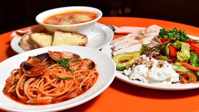 Spaghetti avongole, minestrone with bread and chicken &amp; ricotta salad at Lucia’s Pizza &amp; Spaghetti Bar. Picture: Keryn Stevens