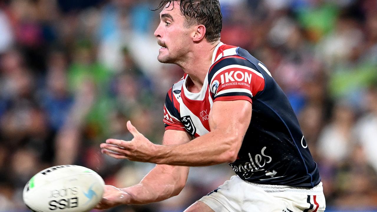 Connor Watson of the Roosters passes the ball during the round 10 NRL match between the Sydney Roosters and the Parramatta Eels at Suncorp Stadium, on May 15, 2022, in Brisbane, Australia. (Photo by Bradley Kanaris/Getty Images)