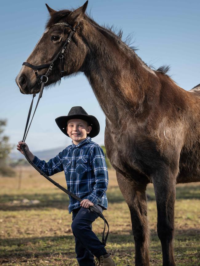 Nate Carter, 9, from Fulfilment Park, Lara with his horse Clancy. Picture: Brad Fleet
